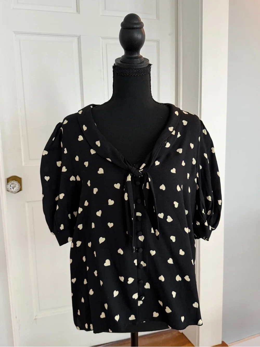 Reformation Black Heart-Print Tie-Neck Blouse